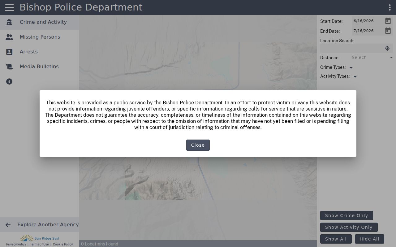 Bishop criminal records Police Citizen RIMS portal