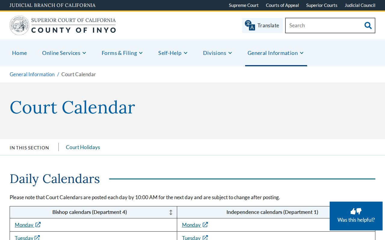 Inyo County criminal court daily and weekly calendars