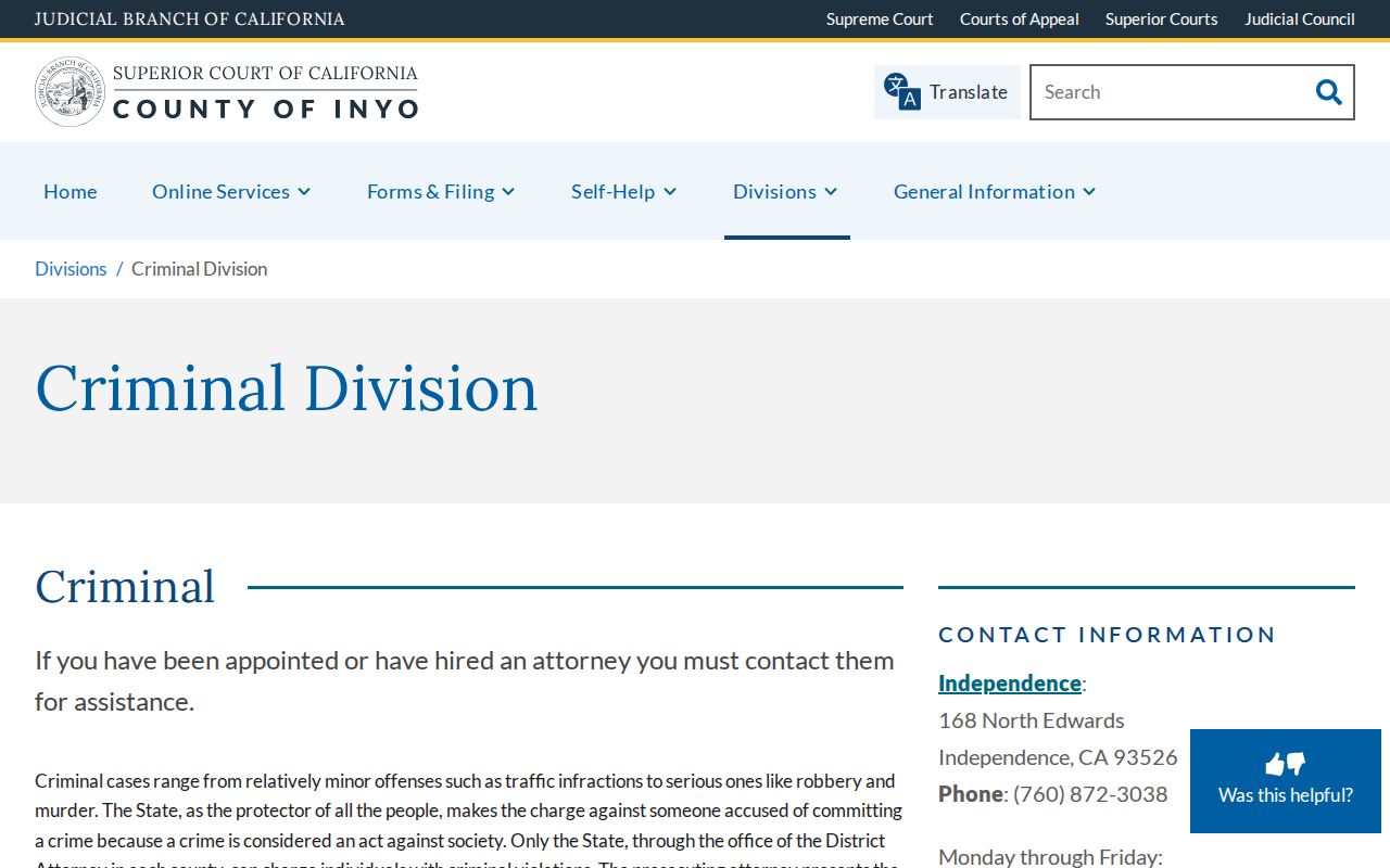 Inyo Superior Court Criminal Division information