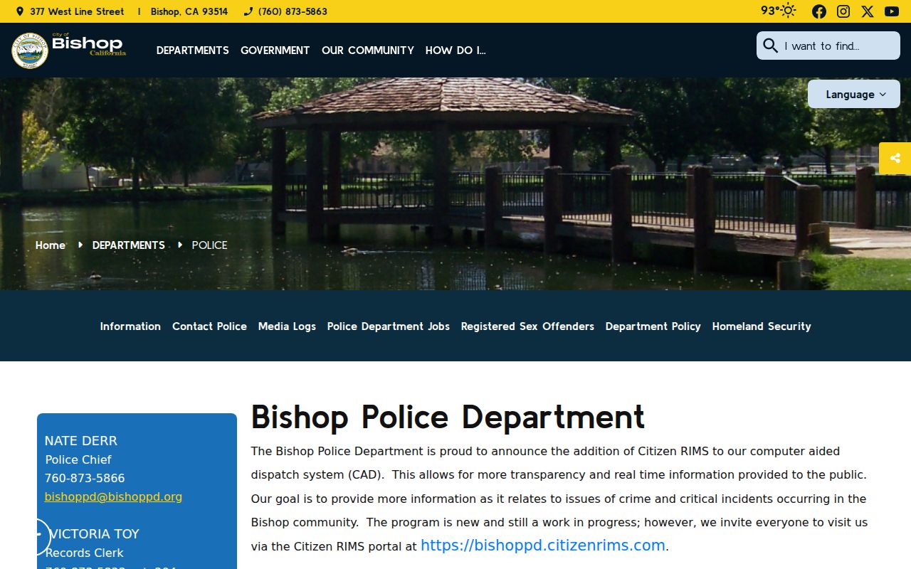 Bishop Police Department official records information