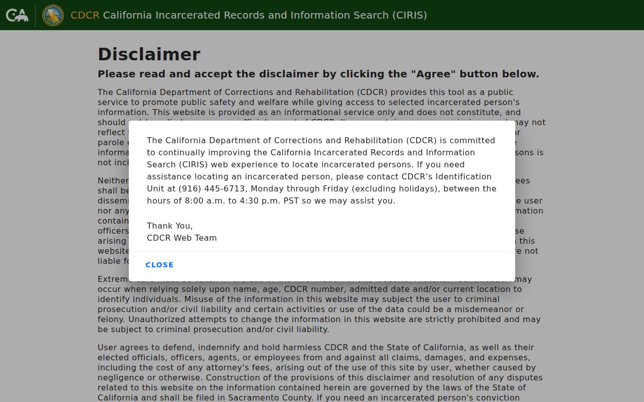 California CIRIS state custody search