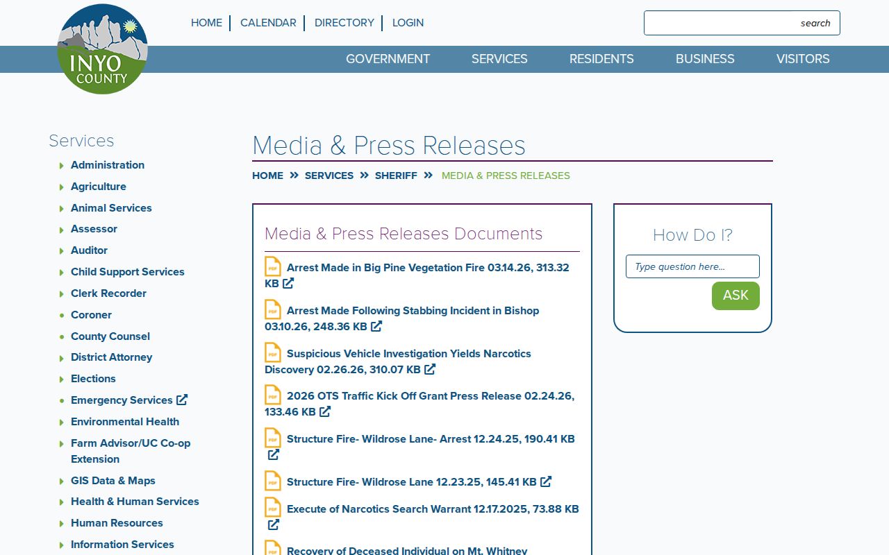 Inyo County arrest press releases and official booking notices