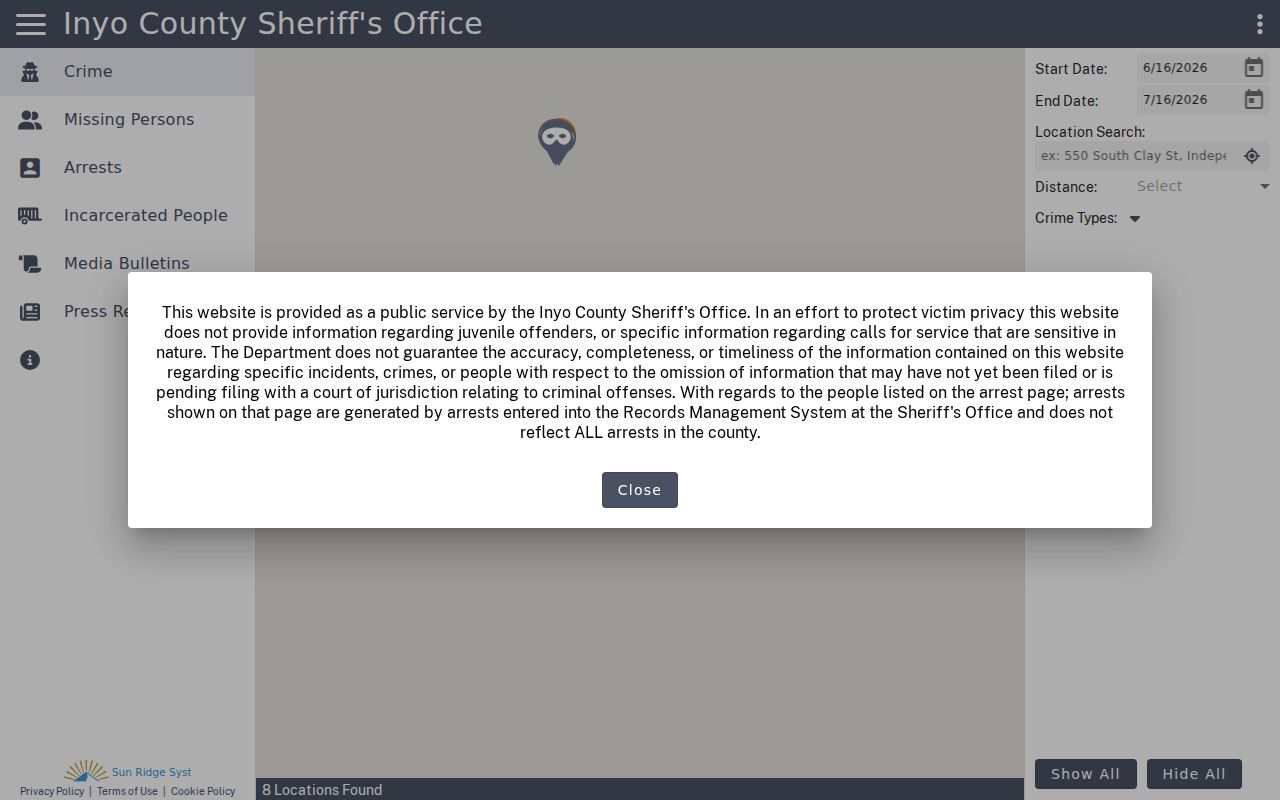 Inyo County Sheriff Citizen RIMS arrest lookup portal