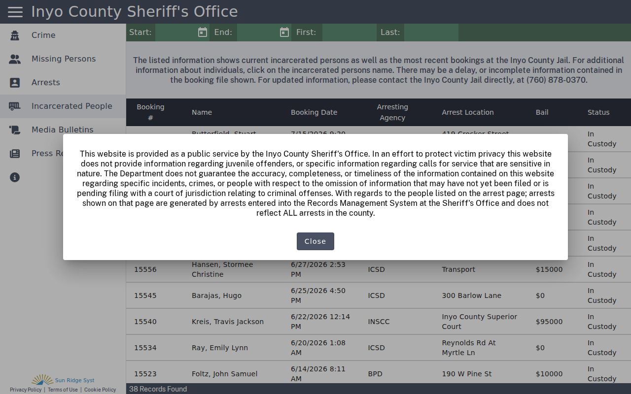 Inyo County arrest lookup for incarcerated people and recent bookings