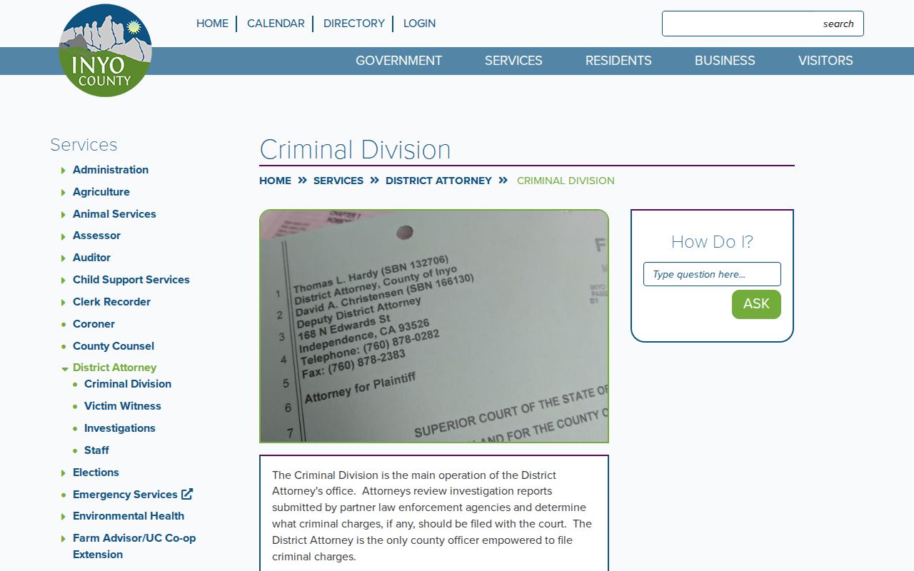 Inyo County District Attorney route for arrest report access